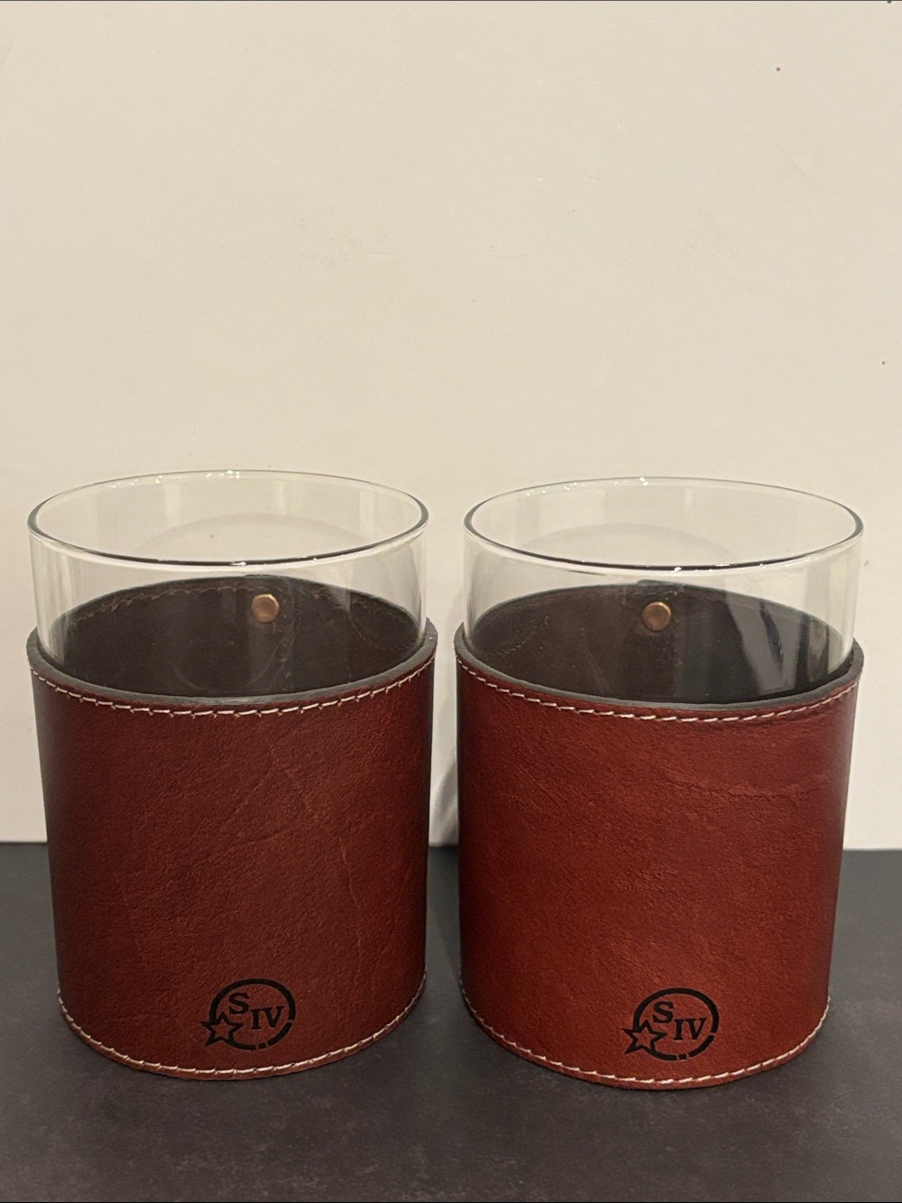Maker's Mark SIV Bourbon Whiskey Leather Wrapped Rocks Glasses- Set of 2
